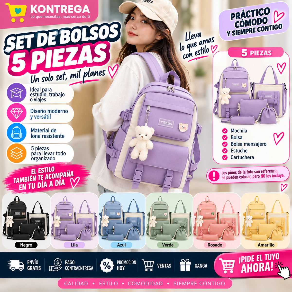 Kit Maleta Mochila Bolsos 5 en 1